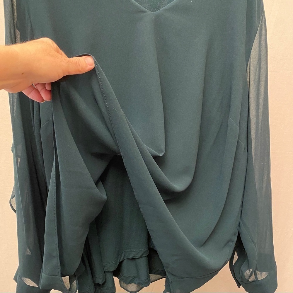 Calvin Klein 3X Top Semi Sheer Dark Green V Neck Flowy Ruffles Long Sleeve - Picture 5 of 11